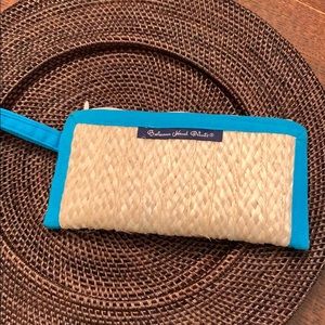 Bahama Hand Prints woven straw clutch w/ blue trim